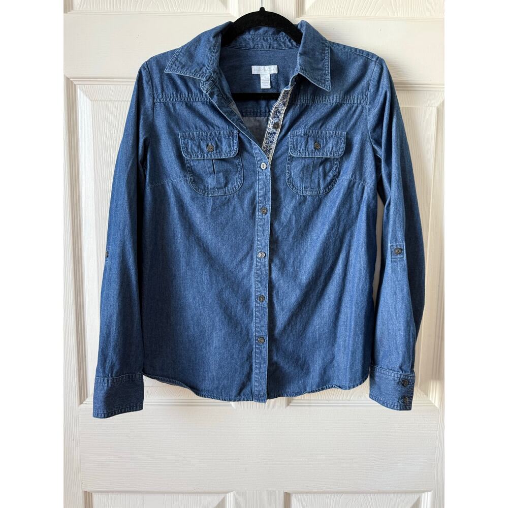 Charter Club Chambray Denim Button Down‎ Shirt Floral Trim Size Small Coastal